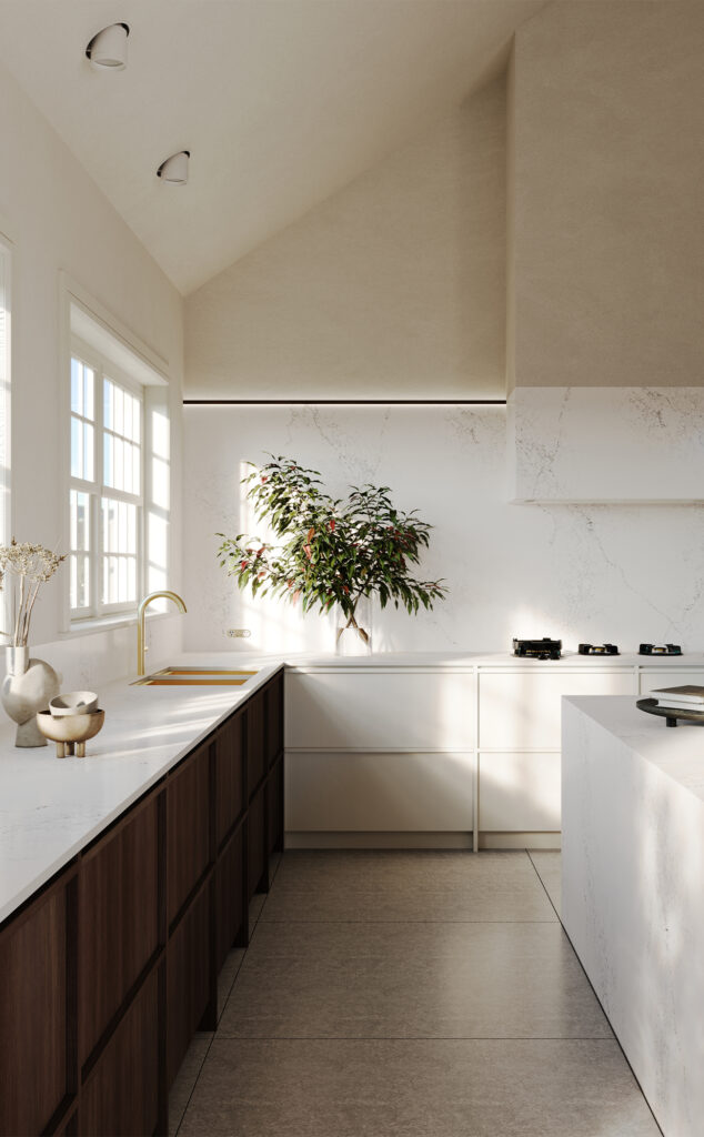 White modern minimalistic kitchen designed by Studio Minosa featuring Caesarstone benchtop.