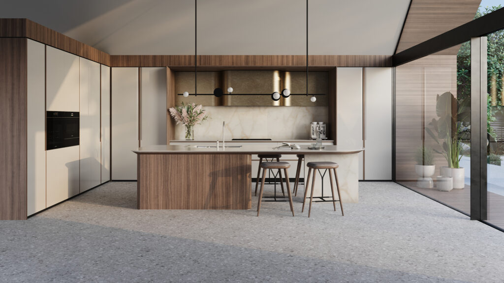 Modern kitchen designed, beige colour palette, featuring caesarstone porcelain surface marbannova 