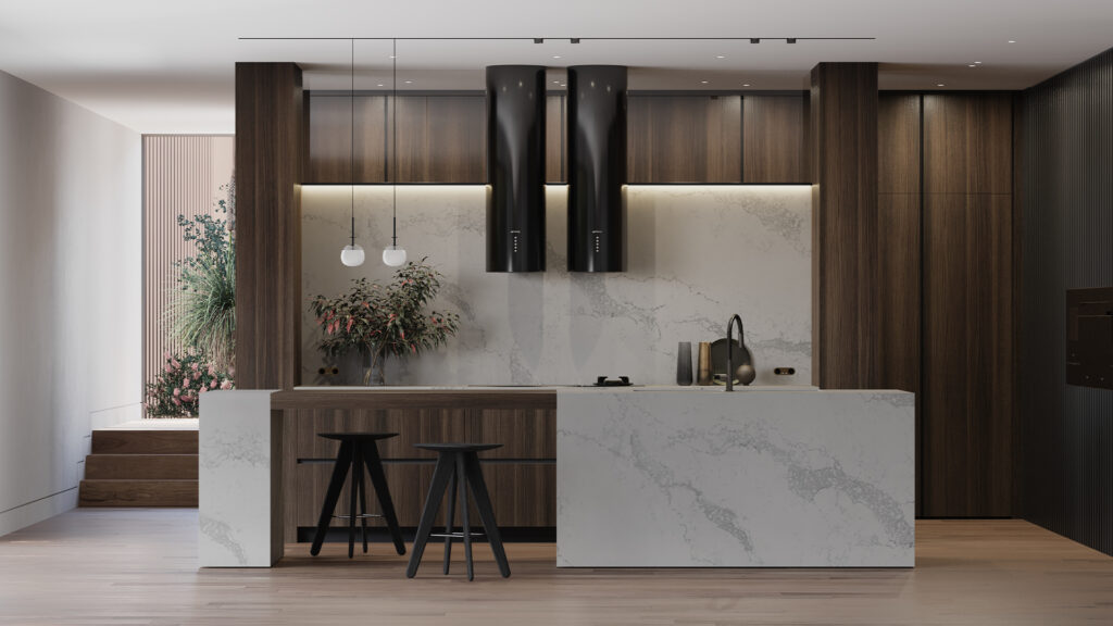 Modern minimalistic industrial style kitchen featuring caesarstone marble inspired grey benchtop and island and wooden cabinetry. 